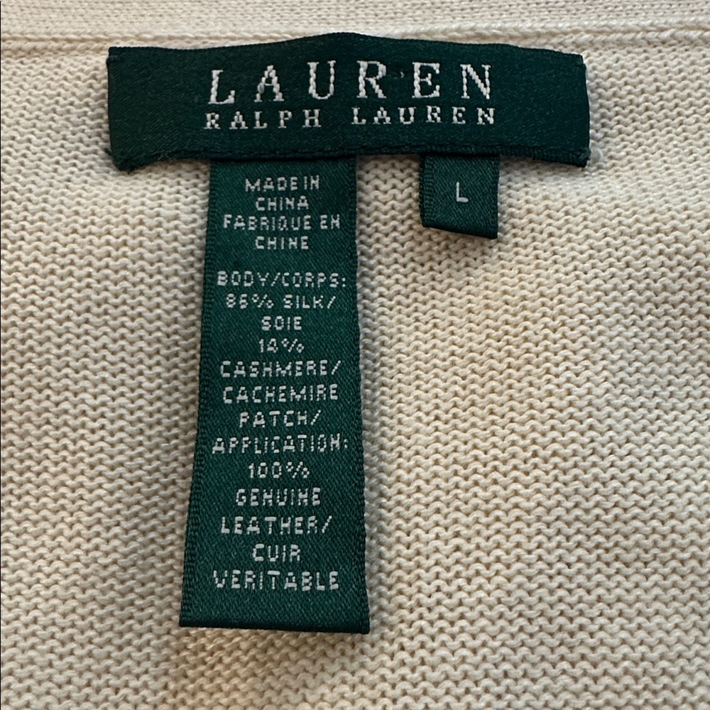 Ralph Lauren Vintage Silk Cashmere Leather Cream Knit Cardigan Old Money Large - Picture 7 of 9